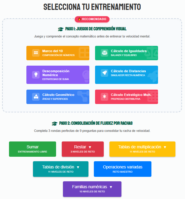 Menú de Entrenamiento de EntrenaCálculo mostrando las fases de Comprensión Visual y Consolidación por Rachas